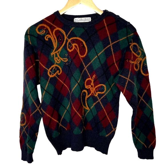 VINTAGE y2k Womens S Preppy WOOL 3D Sweater EMBROIDERED Argyle Blue Old Money - Picture 1 of 8